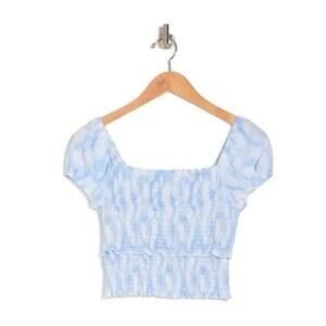 Lush Blue Swirl Smocked Puff Sleeve Crop Top‎